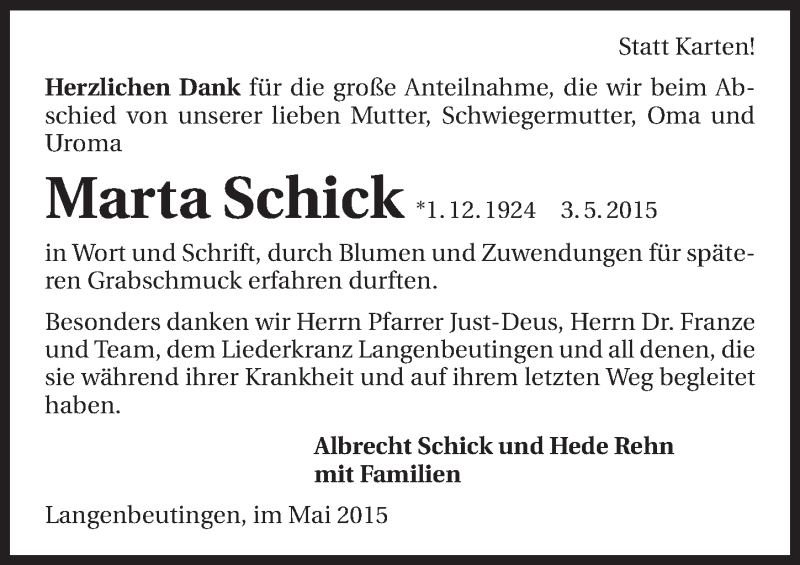  Traueranzeige für Marta Schick vom 16.05.2015 aus 