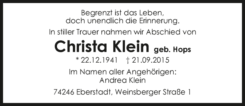  Traueranzeige für Christa Klein vom 30.09.2015 aus 