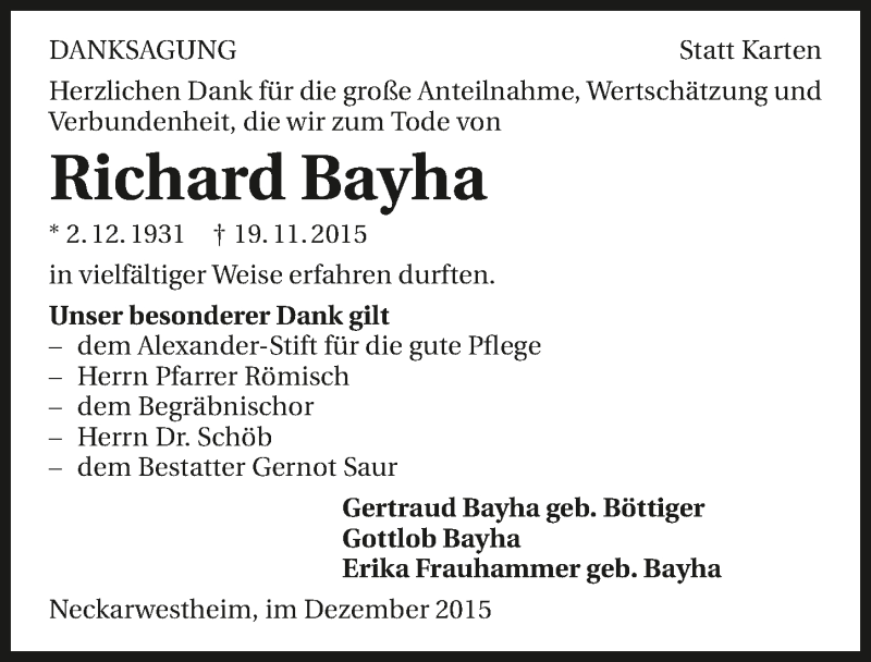  Traueranzeige für Richard Bayha vom 11.12.2015 aus 
