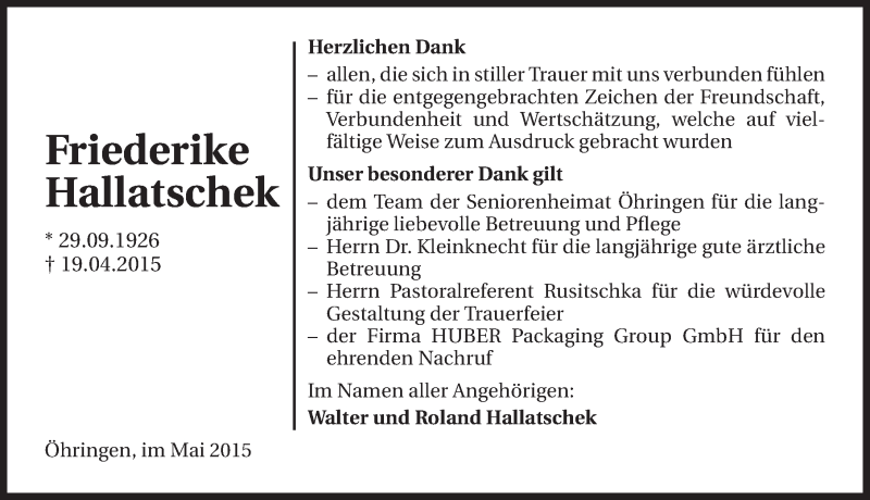  Traueranzeige für Friederike Hallatschek vom 13.05.2015 aus 