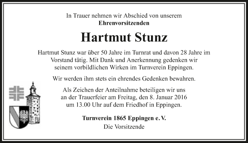  Traueranzeige für Hartmut Stunz vom 07.01.2016 aus 