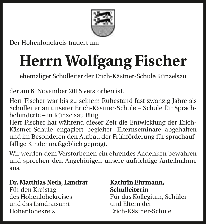  Traueranzeige für Wolfgang Fischer vom 17.11.2015 aus 