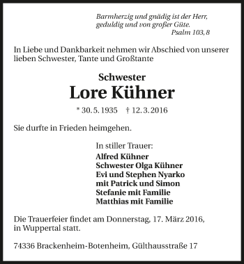 Traueranzeige von Lore Kühner 