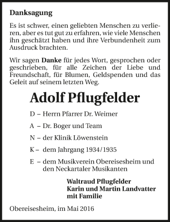 Traueranzeige von Adolf Pflugfelder 