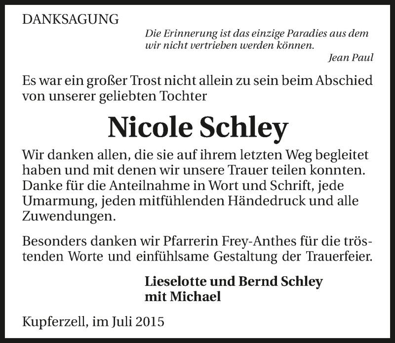  Traueranzeige für Nicole Schley vom 17.07.2015 aus 