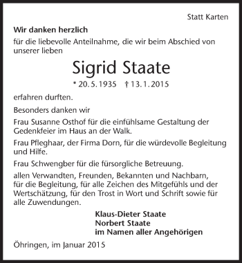 Traueranzeige von Sigrid Staate 