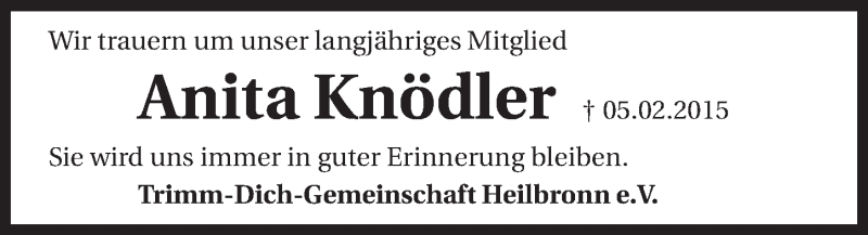  Traueranzeige für Anita Knödler vom 10.02.2015 aus 
