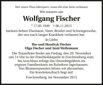 Traueranzeige von Wolfgang Fischer 