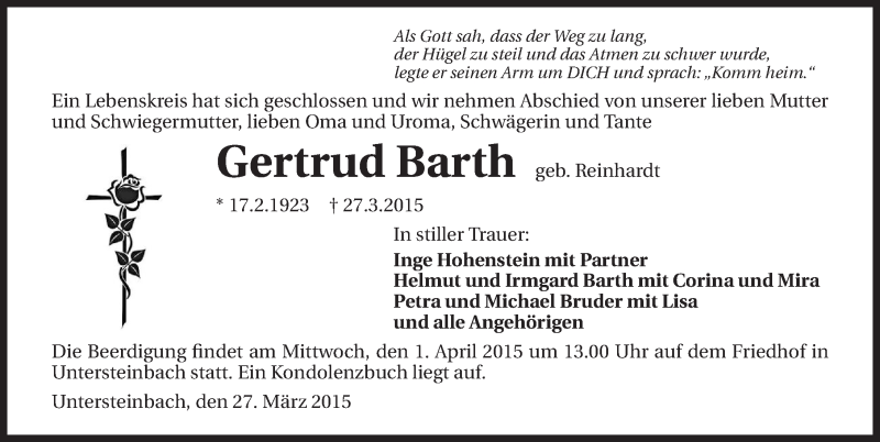  Traueranzeige für Gertrud Barth vom 30.03.2015 aus 