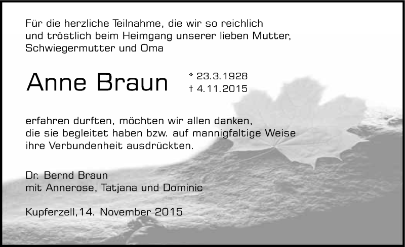  Traueranzeige für Anne Braun vom 14.11.2015 aus 