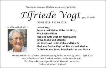 Traueranzeige von Elfriede Vogt 