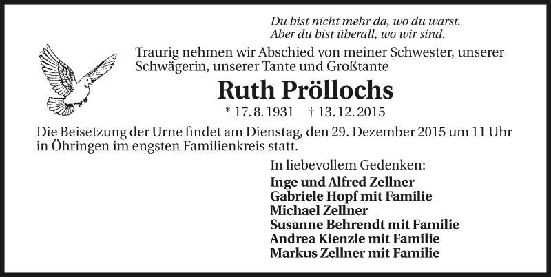  Traueranzeige für Ruth Pröllochs vom 23.12.2015 aus 
