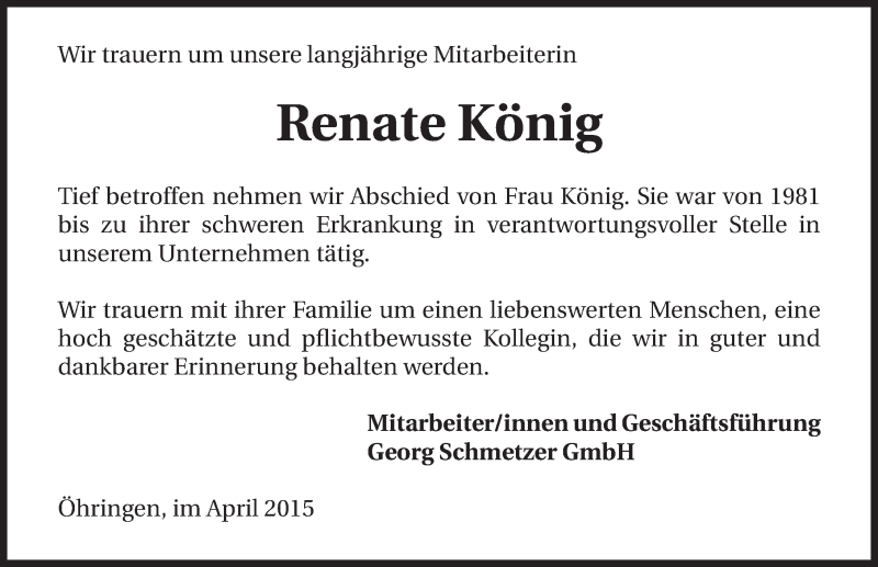  Traueranzeige für Renate König vom 08.04.2015 aus 
