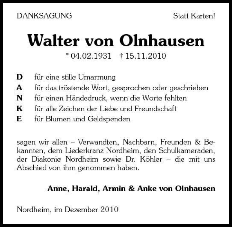  Traueranzeige für Walter von Olnhausen vom 02.12.2010 aus 