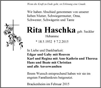 Traueranzeige von Rita Haschka 
