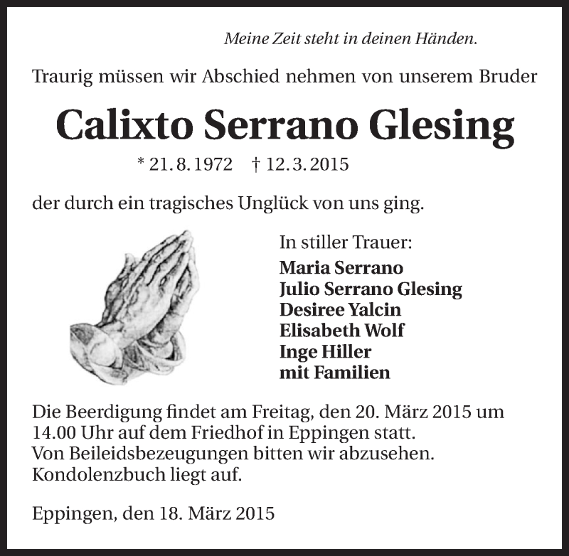  Traueranzeige für Calixto Serrano Glesing vom 18.03.2015 aus 