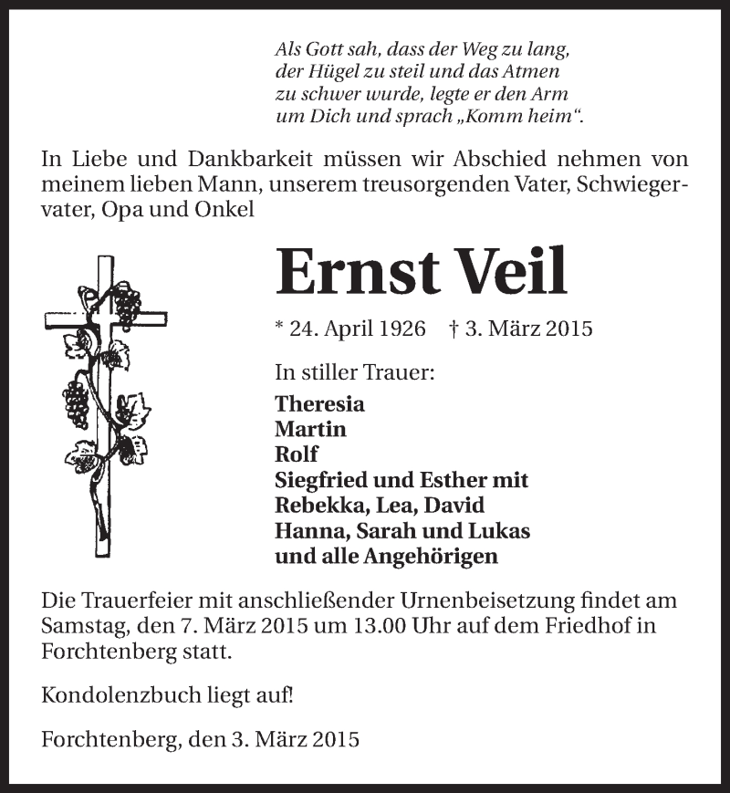  Traueranzeige für Ernst Veil vom 05.03.2015 aus 