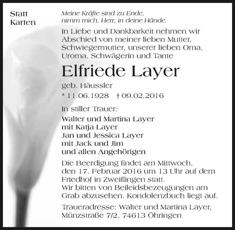  Traueranzeige für Elfriede Layer vom 13.02.2016 aus 