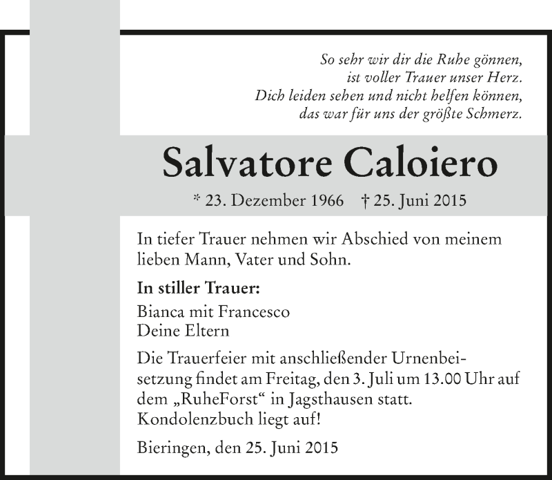  Traueranzeige für Salvatore Caloiero vom 30.06.2015 aus 