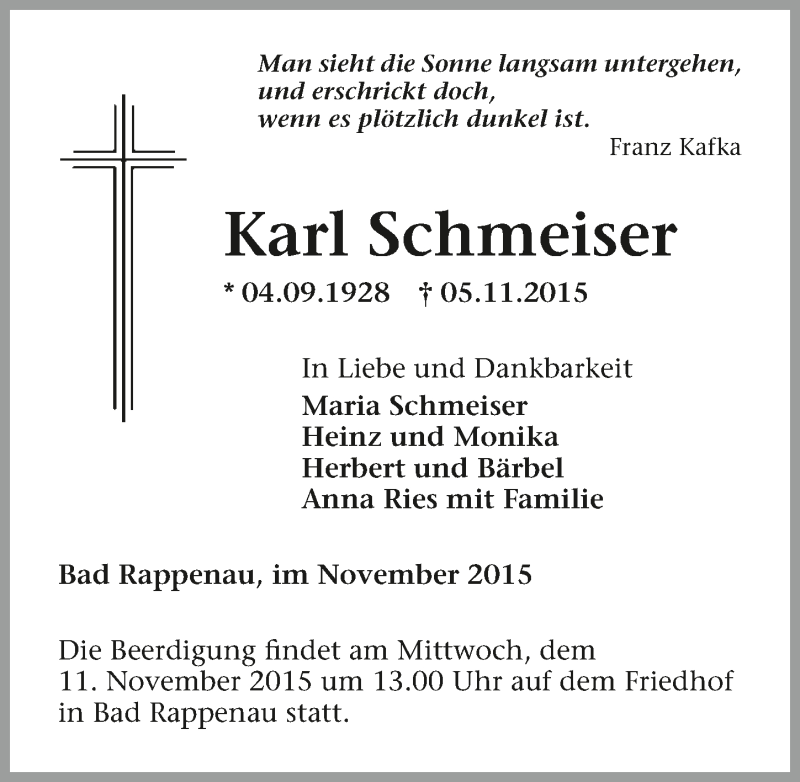 Traueranzeige für Karl Schmeiser vom 07.11.2015 aus 