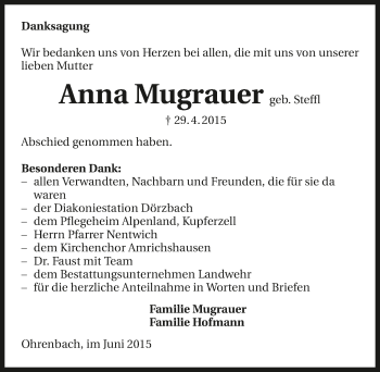 Traueranzeige von Anna Mugrauer 