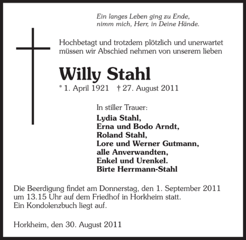  Traueranzeige für nimm mich Herr in Deine Hände. Ein langes Leben ging zu Ende vom 30.08.2011 aus 