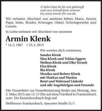 Traueranzeige von Armin Klenk 
