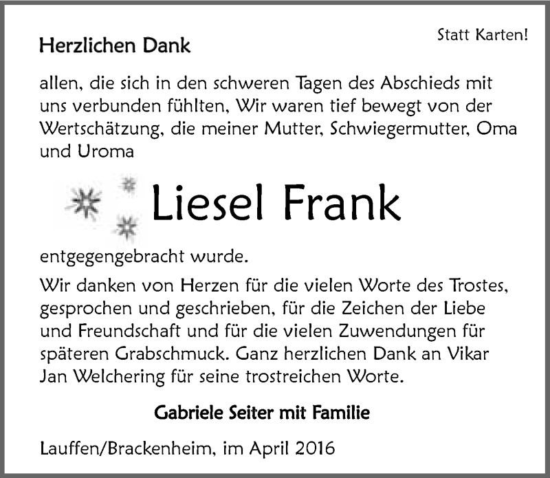  Traueranzeige für Liesel Frank vom 20.04.2016 aus 
