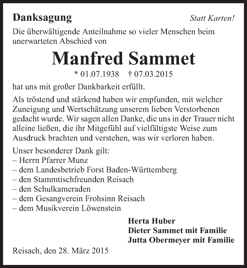  Traueranzeige für Manfred Sammet vom 28.03.2015 aus 