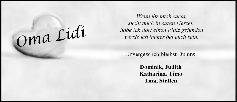  Traueranzeige für Lidi Walter vom 14.04.2015 aus 