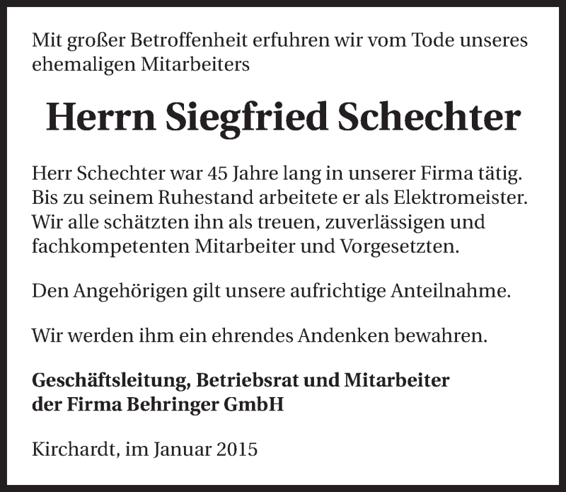  Traueranzeige für Siegfried Schechter vom 23.01.2015 aus 