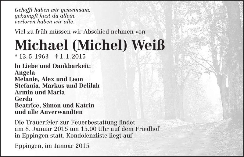  Traueranzeige für Michael Weiß vom 05.01.2015 aus 