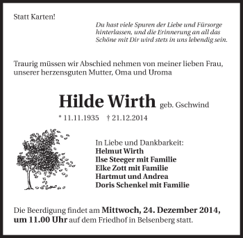 Traueranzeige von Hilde Wirth 