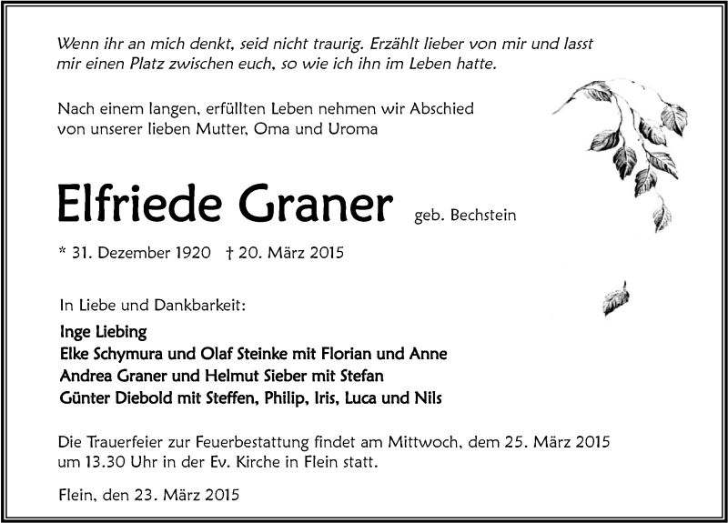 Traueranzeige für Elfriede Graner vom 23.03.2015 aus 