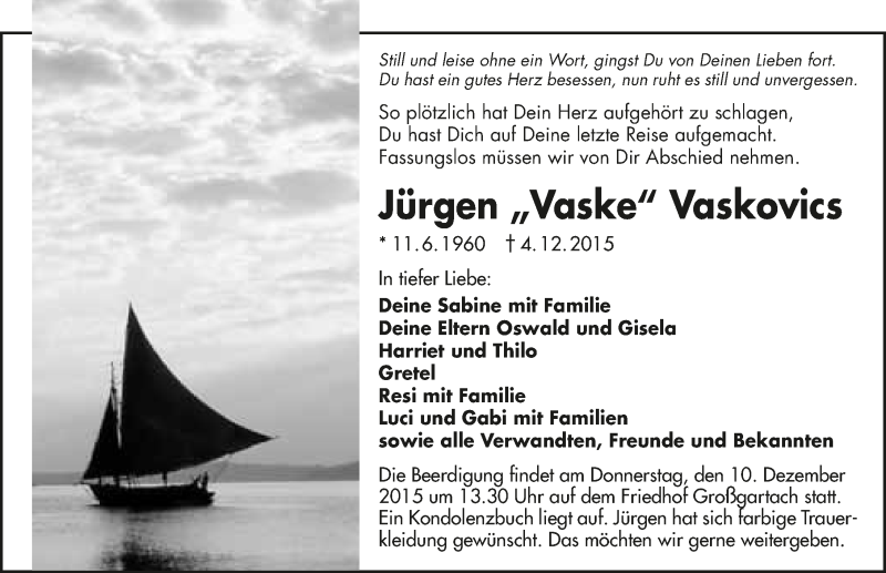  Traueranzeige für Jürgen Vaskovics vom 08.12.2015 aus 