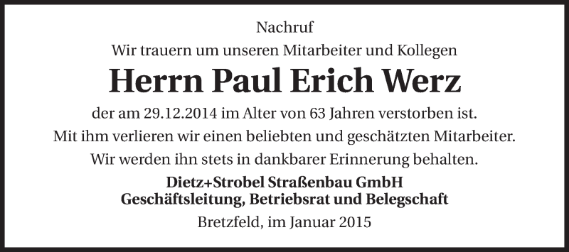  Traueranzeige für Paul Erich Werz vom 08.01.2015 aus 