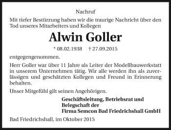 Traueranzeige von Alwin Goller 