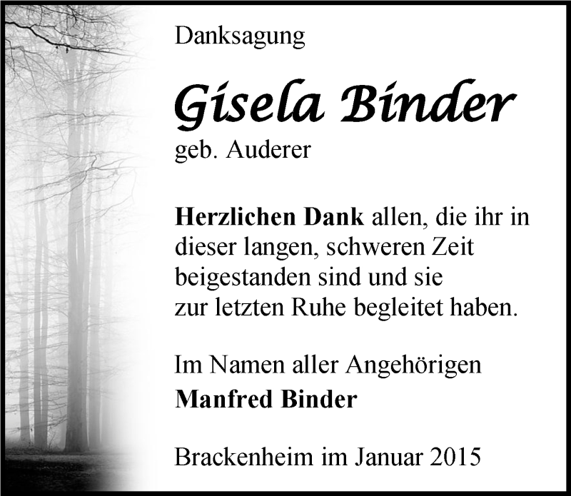  Traueranzeige für Gisela Binder vom 24.01.2015 aus 