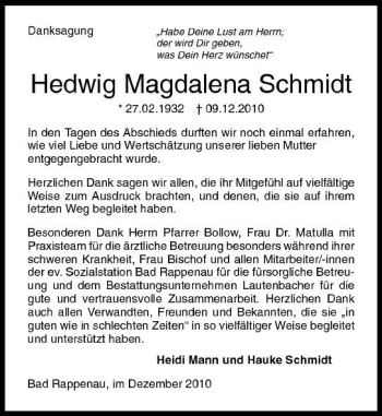 Traueranzeige von Hedwig Magdalena Schmidt 