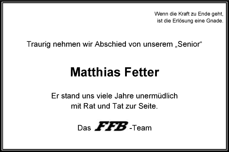  Traueranzeige für Matthias Fetter vom 26.02.2015 aus 