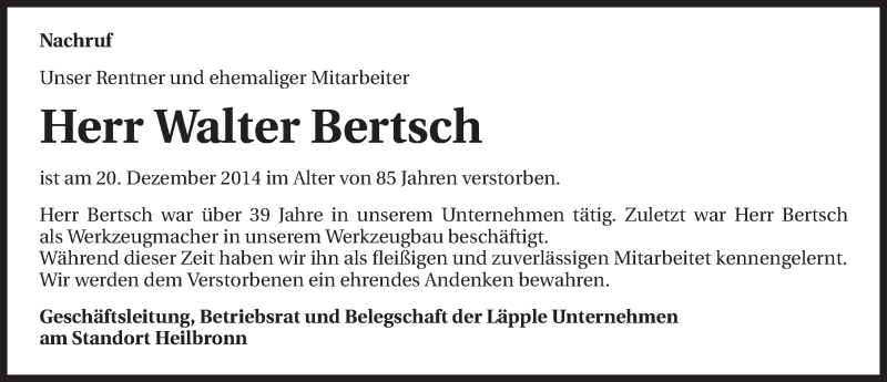  Traueranzeige für Walter Bertsch vom 15.01.2015 aus 