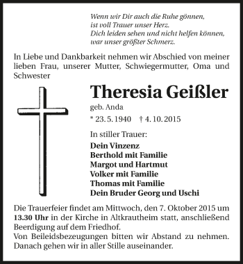 Traueranzeige von Theresia Geißler 