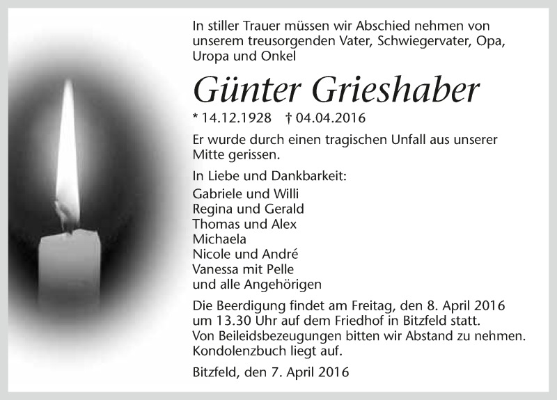  Traueranzeige für Günter Grieshaber vom 07.04.2016 aus 