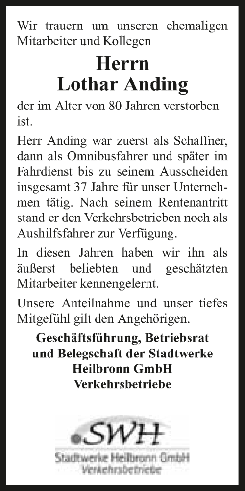 Traueranzeige für Lothar Anding vom 24.09.2015 aus 