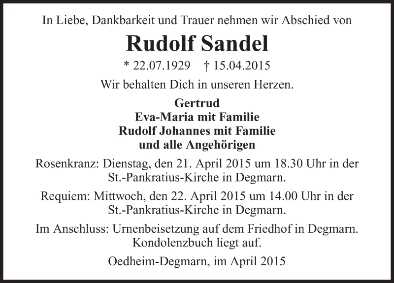  Traueranzeige für Rudolf Sandel vom 18.04.2015 aus 