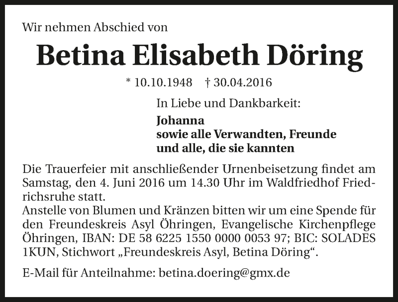  Traueranzeige für Betina Elisabeth Döring vom 14.05.2016 aus 