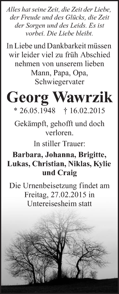  Traueranzeige für Georg Wawrzik vom 24.02.2015 aus 