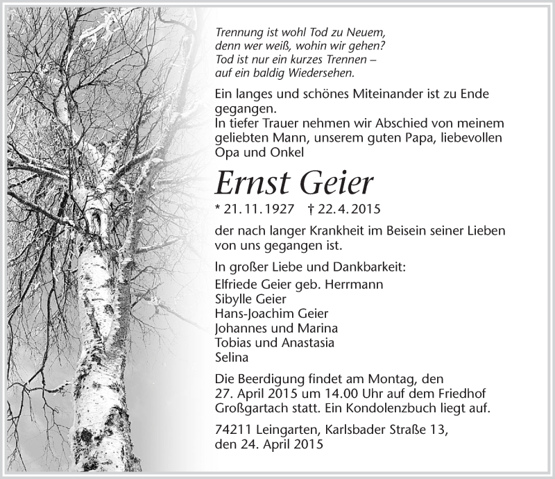  Traueranzeige für Ernst Geier vom 24.04.2015 aus 