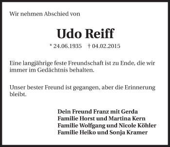 Traueranzeige von Udo Reiff 
