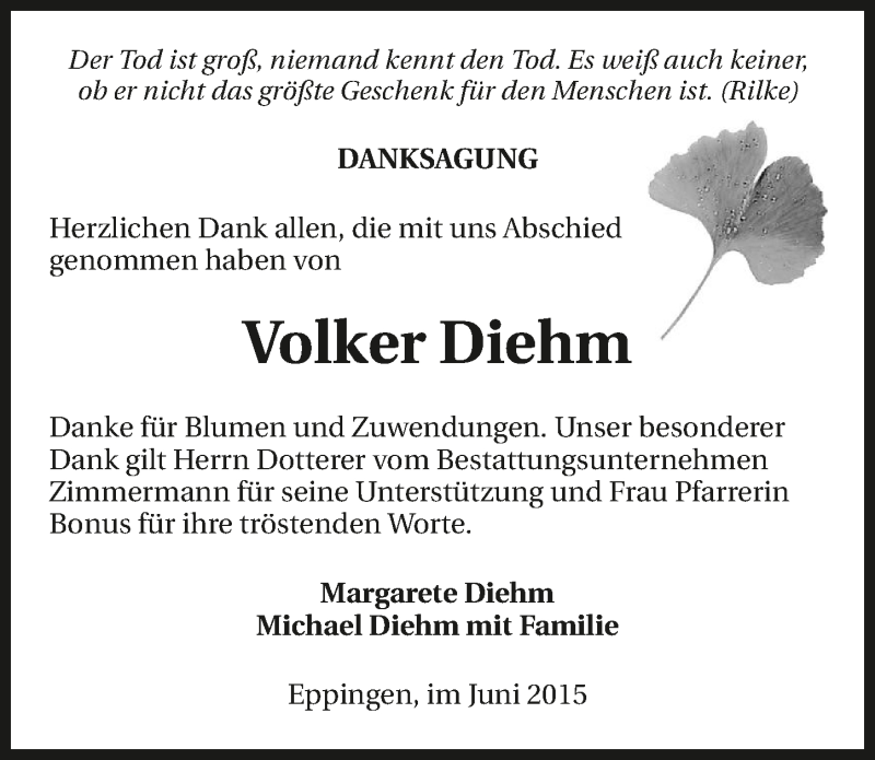  Traueranzeige für Voker Diehm vom 06.06.2015 aus 